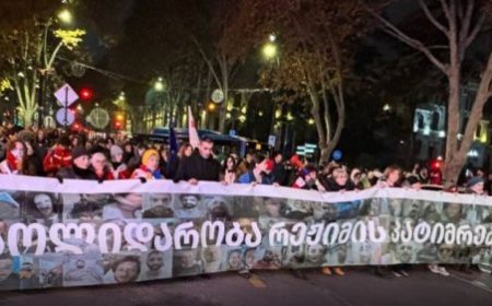 Etiraz yürüşünün iştirakçıları Tbilisi Dövlət Universitetindən parlamentə doğru hərəkət ediblər